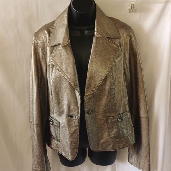 Spiegel Vintage Metallic Gold Soft Leather Women’s One Button Blazer Jacket - Picture 1 of 6